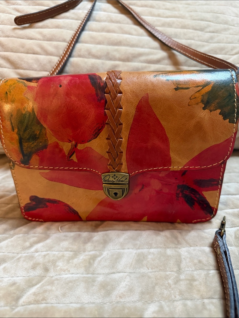 Patricia Nash Tan Leather Crossbody with Red Floral Motif